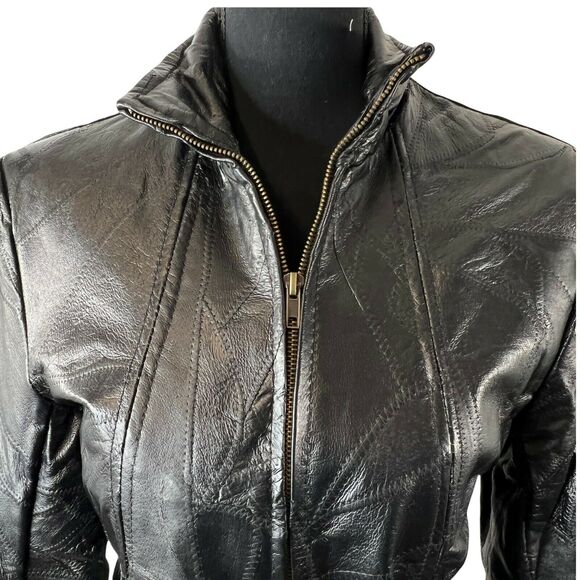 Vintage Navarre Genuine Leather Patchwork Black Belted Trench‎ Coat Womens Med - Picture 2 of 6